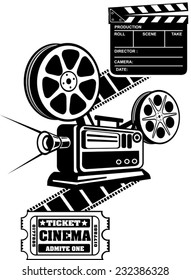 Film Reels and Clapper board  cinema ticket