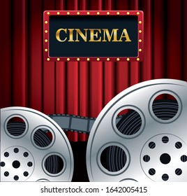 film reels over Red cinema curtains background, colorful design, vector illustration