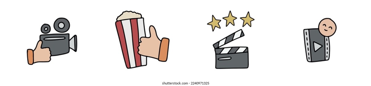 Film reputation modern doodle icon set, movie rating concept, cinematic survey, poll hand drawn style vector icons, theater reputation emblems, camera, film clip symbols isolated on white background