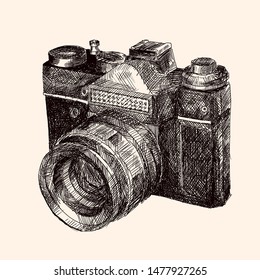 Film retro camera. Hand sketch in vector.
