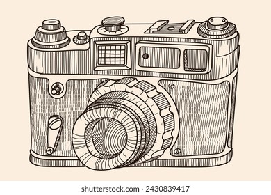 Film retro camera with lens isolated on beige background. Primitive linear sketch. Drawing in cartoon style.