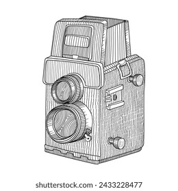 Film retro camera with two lens isolated on beige background. Primitive linear sketch. Drawing in cartoon style.