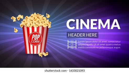 Film retro cinema or movie concept template. Retro cinema banner or poster background illustration with popcorn.