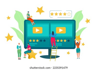 Film review concept vector illustration. People vloggers rating films, giving positive feedback to best movies. Ranking video with stars.