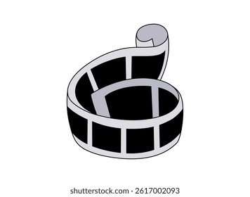 Film roll icon. A curled strip of classic black film reel. Retro cinematic illustration. Movie sticker element.