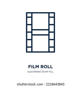 Filmrollen-Symbol aus der Sammlung elektronischer Sachen. Dünne lineare Filmrolle, Rolle, negative Umrisssymbol einzeln auf weißem Hintergrund. Zeilenvektorfilmrolle, Symbol für Web und Mobilfunk