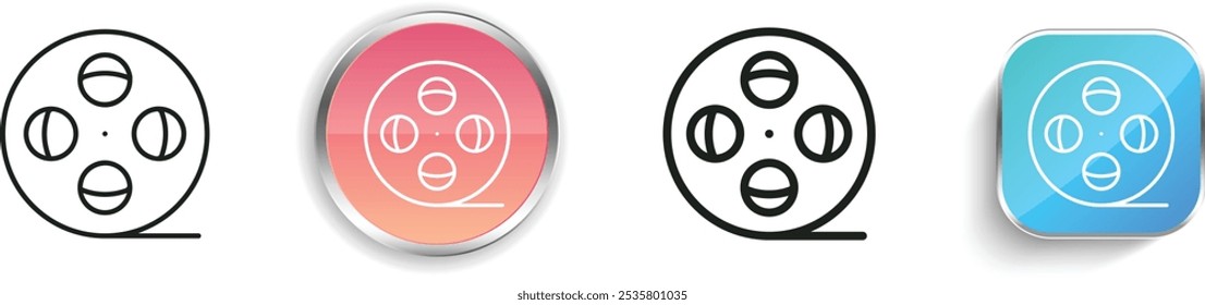Filmrollen-Symbol. Design mit dünnen Linien, regelmäßigen Linien und Schaltflächen einzeln auf weißem Hintergrund