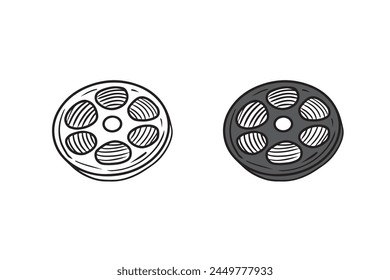 Film roll for movie shoving and records in black isolated on white background. Hand drawn vector sketch illustration in doodle engraved vintage style. Coloring book, cinema equipment