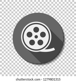 Film roll, old movie strip icon, cinema logo. flat icon, long shadow, circle, transparent grid. Badge or sticker style