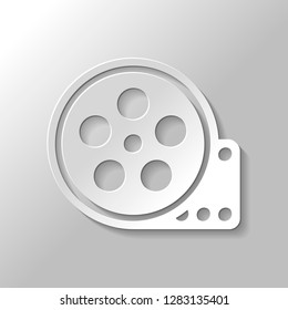 Film roll, old movie strip icon, cinema logo. Paper style with shadow on gray background