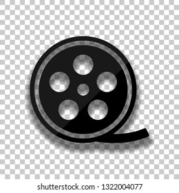 Film roll, old movie strip icon, cinema logo. Black glass icon with soft shadow on transparent background