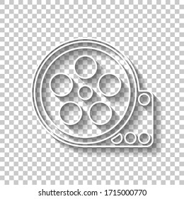Film roll, old movie strip icon, cinema logo. White outline sign with shadow on transparent background