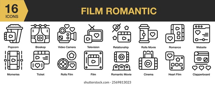 Film Romantic icon set. Includes romantic, film, love, movie, couple, cinema, and More. Outline icons vector collection.