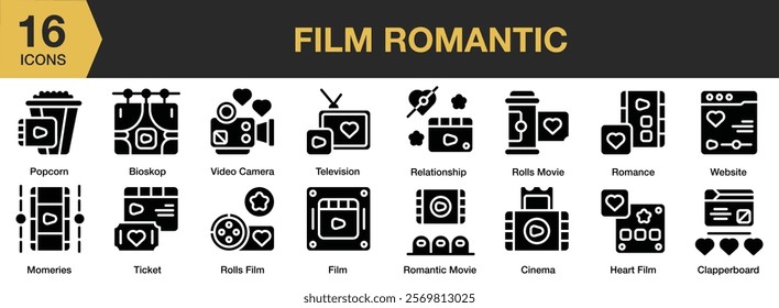 Film Romantic solid icon set. Includes romantic, film, love, movie, couple, cinema, and More. Solid icons vector collection.