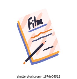 Film scenario papers and pencil. Handwritten movie script, screenplay copy. Cinema storyboard. Screen play writing concept. Colored flat vector illustration isolated on white background