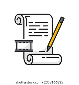 Film scenario, video production icon. Video script, movie screenplay or filmmaking review thin line vector symbol. Cinema industry simple pictogram or sign with paper document, pencil and film strip