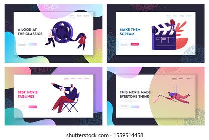 Film Scene Shooting Process with Staff and Equipment Website Landing Page. Director with Megaphone, Video Operator with Camera, Assistant with Bobbin Web Page Banner. Cartoon Flat Vector Illustration