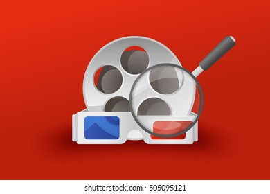 Film search concept with magnifier glasses cine-film. Islolated flat vector illustration.