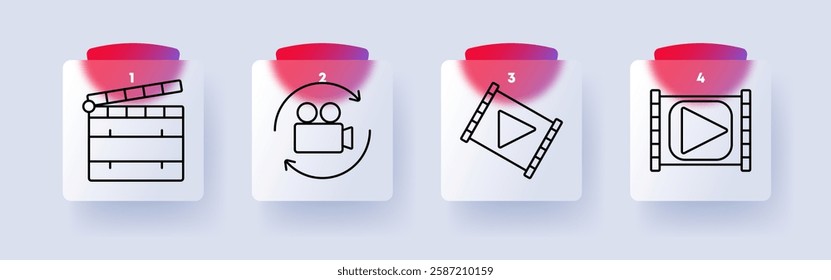 Film set icon. Clapperboard, video camera, filmstrip with play button, movie recording, filmmaking, cinema, digital media, entertainment, motion picture