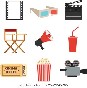 Film shooting accessories, movie attributes. Film strip, director's chair, loudspeaker, 3D glasses. Vector, designer illustration. Vector.