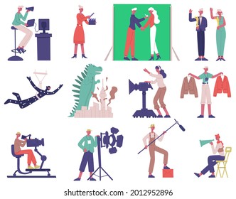 Film shooting characters. Cinema movie production process, film director, cameraman and actors vector illustration set. Movie production team characters. People getting reward, backup man in motion