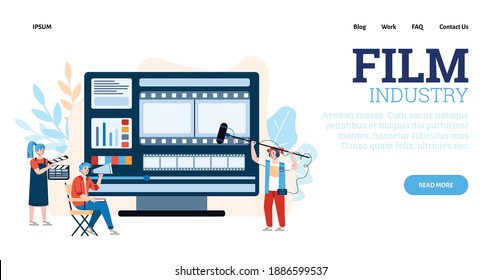Film shooting crew characters in website template, flat cartoon vector illustration. Landing page design for film industry and cinema production company.