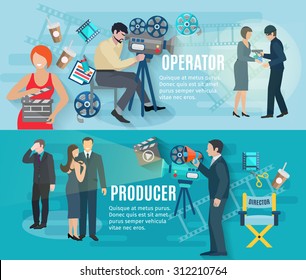 Film Shooting Horizontal Banners Set With Operator Producer And Actors Flat Isolated Vector Illustration 