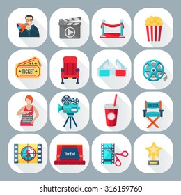 Film shooting icons set with director operator and cinema on gray background shadow flat isolated vector illustration 