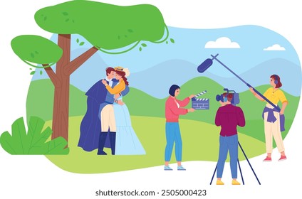 Filmación al aire libre. Producción de escena de película romántica. Ilustración vectorial