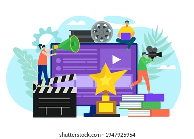 Film shooting technology at screen, professional movie production by camera, vector illustration. Cinema entertainment in studio concept