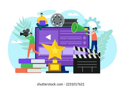 Film shooting technology at screen, professional movie production by camera, vector illustration. Cinema entertainment in studio concept