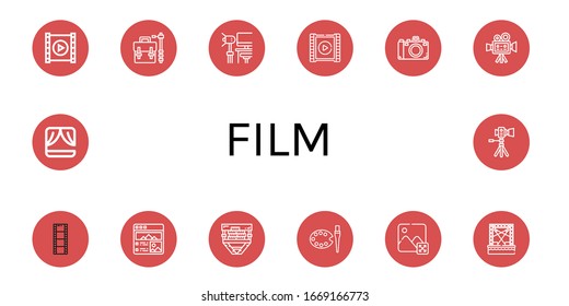 film simple icons set. Contains such icons as Video player, Camera bag, Studio, Camera, Cinema camera, Film roll, Picture, Film, Art, Image, can be used for web, mobile and logo