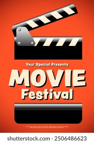 Film slate vintage retro style isolated on beige background. Movie and film festival poster template design. Can used for flyer, brochure, print, vector illustration