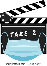 Film slate wearing medical mask symbolizing second wave