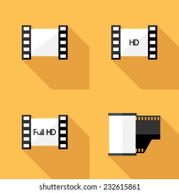 Film stock and Photographic film icons. Flat design style modern vector illustration. Isolated on stylish color background. Flat long shadow icon. Elements in flat design.