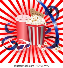 Film strip, 3d glasses, cinema tickets, drink and popcorn. Radial striped background with realistic cinema attributes . Movie concept. Entertainment banner.