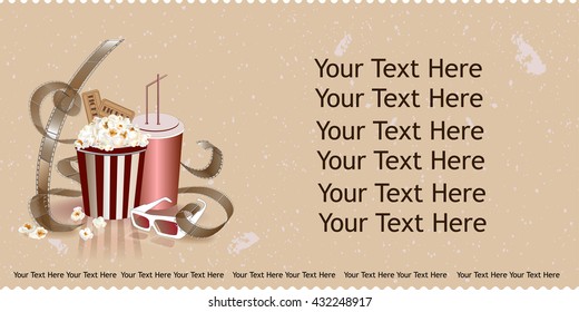 Film strip, 3d glasses, cinema tickets, drink and popcorn. Movie flier with realistic cinema attributes. Movie concept. Entertainment banner. Cinema background.
