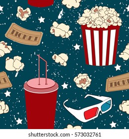 Film strip, 3d glasses, cinema tickets, drink and popcorn. Seamless pattern with realistic cinema attributes. Movie background