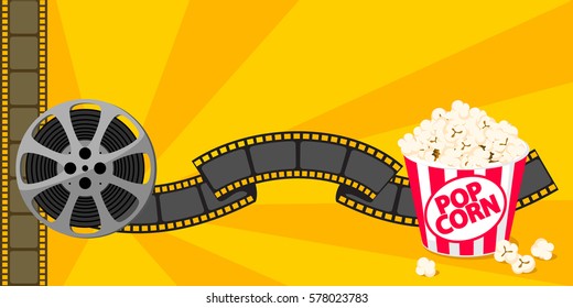 Film strip border with popcorn isolated on background. Yellow background. Vector illustration.  Movie poster template for cinema design. Vector illustration.