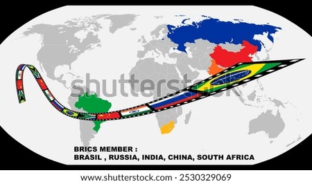 film strip of brazil, russia, india, china and south africa with flag country on world map background for icon logo web graphic. vector illustration.