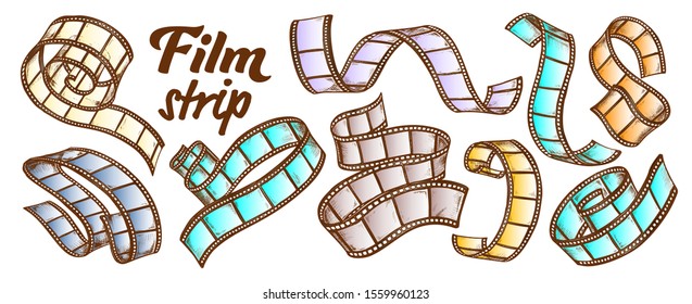 Film Strip For Camera Or Projector Set Vector. Collection Of Blank Old Film Reel Ribbon In Spiral Curl And Twisted. Engraving Template Hand Drawn In Vintage Style Color Illustrations