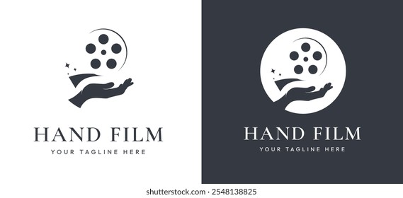 Film Strip Cinema Logo with Hand Illustration. Creative and Modern Film Reel Design Featuring Hand Illustration for Movie Production and Entertainment Branding. Film Reel Hand Vector Illustration.