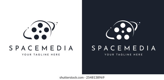 Film Strip Cinema Logo with Space Theme. Creative and Modern Space Film Media Design Featuring Cosmic Elements for Entertainment Branding. Film Strip Media Vector Illustration.