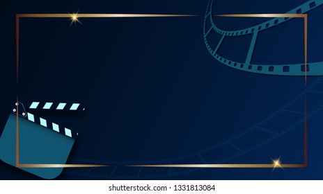 Film strip and clapper-board isolated on dark blue background with gold frame. Design template cinema festival banner, brochure, flyer, poster, tickets. Vector illustration in 3d isometric style. EPS