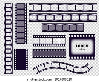 Film strip collection. Cinema border tapes or photo negative isolated on transparent background. Monochrome film stripes set vector illustration.