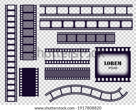 Film strip collection. Cinema border tapes or photo negative isolated on transparent background. Monochrome film stripes set vector illustration.