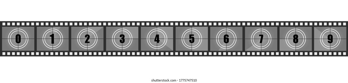 Ilustración vectorial de tiras de película y cuenta regresiva. Película retro vintage. El marco de cuenta regresiva es de 0 a 9.