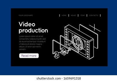Film strip counter with countdown. Isometric vector illustration on dark background. Thin line style design. 