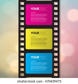 Film strip design with your text and beautiful bokeh lights background 
Eps 10 vector illustration 