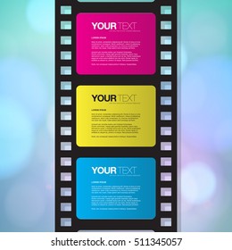 Film strip design with your text and beautiful bokeh lights background 
Eps 10 vector illustration  